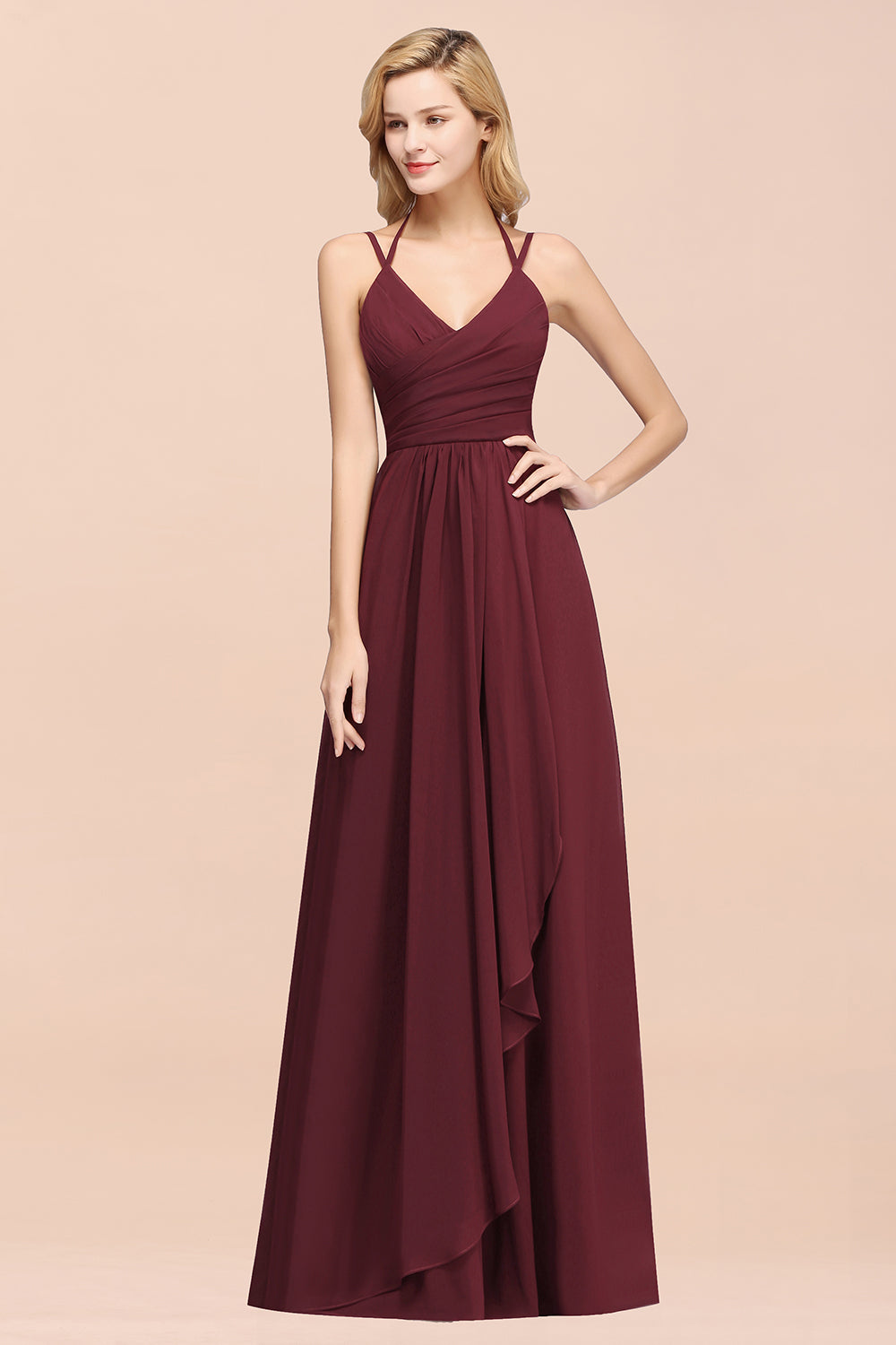 A-line Chiffon Spaghetti Straps Sleeveless Ruffles Floor Length Bridesmaid Dresses