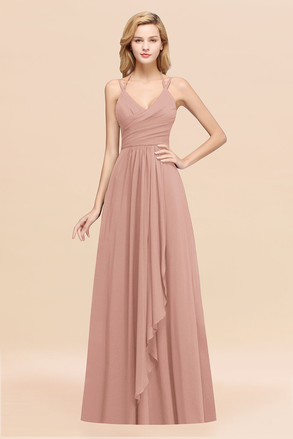 A-line Chiffon Spaghetti Straps Sleeveless Ruffles Floor Length Bridesmaid Dresses