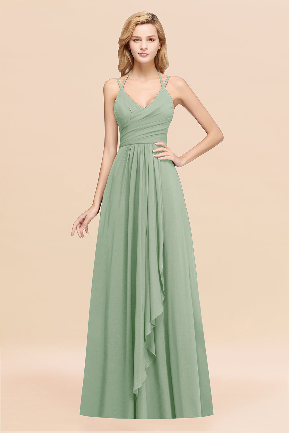 A-line Chiffon Spaghetti Straps Sleeveless Ruffles Floor Length Bridesmaid Dresses
