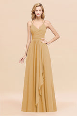 A-line Chiffon Spaghetti Straps Sleeveless Ruffles Floor Length Bridesmaid Dresses