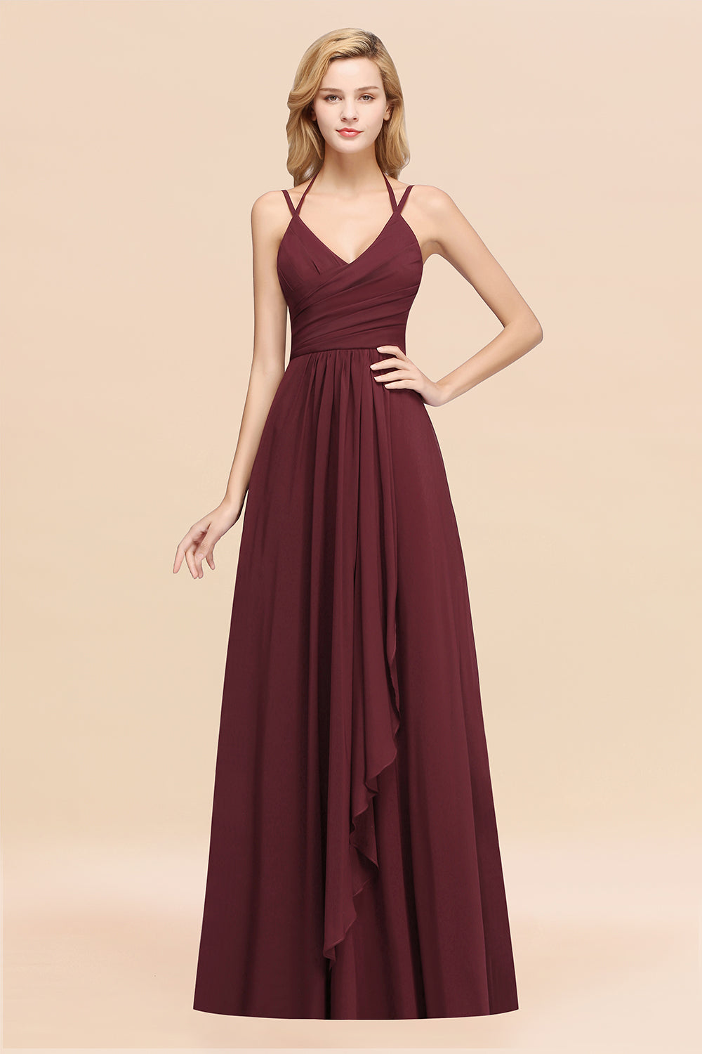 A-line Chiffon Spaghetti Straps Sleeveless Ruffles Floor Length Bridesmaid Dresses