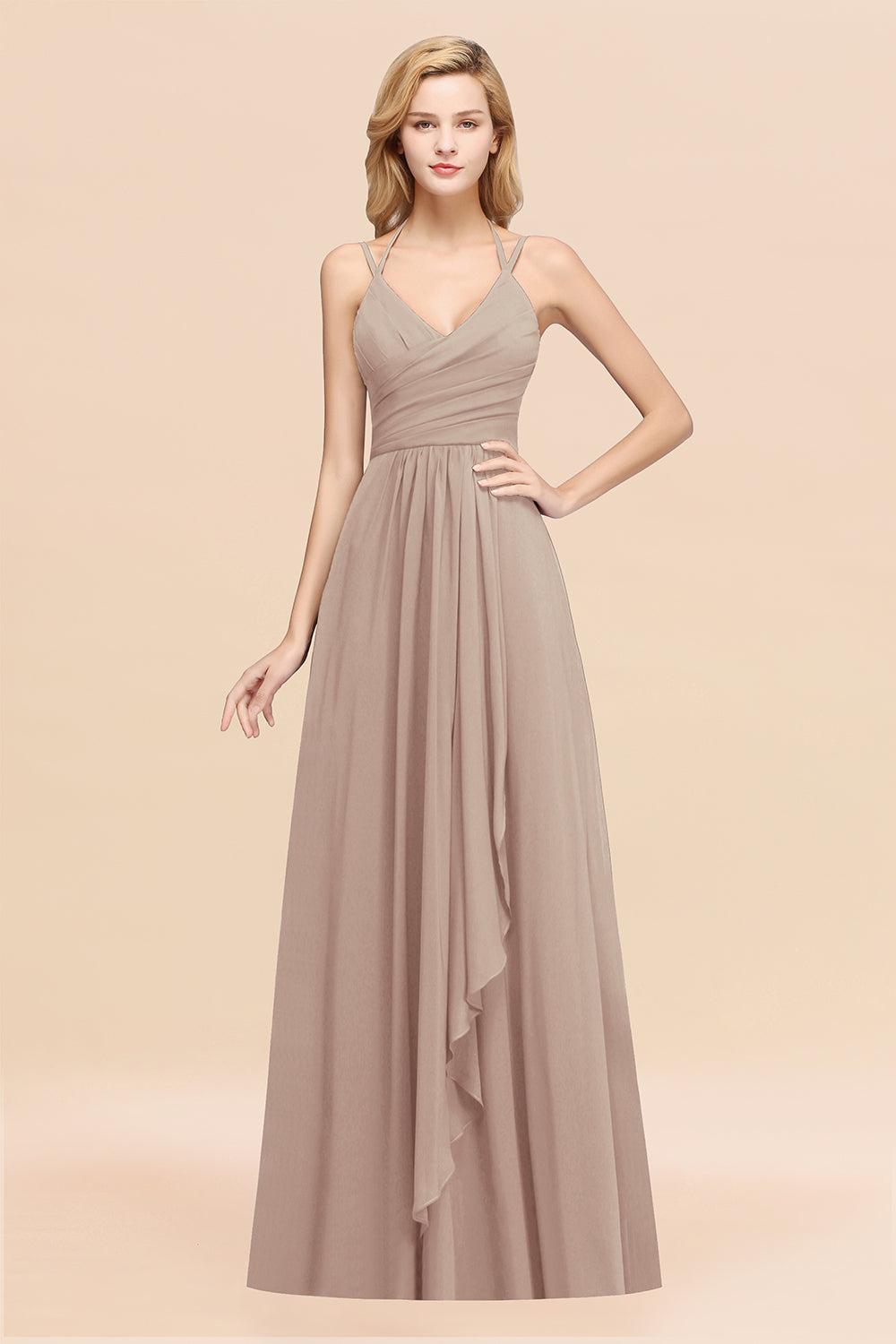 A-line Chiffon Spaghetti Straps Sleeveless Ruffles Floor Length Bridesmaid Dresses
