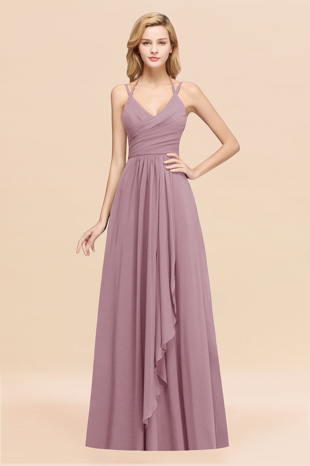 A-line Chiffon Spaghetti Straps Sleeveless Ruffles Floor Length Bridesmaid Dresses