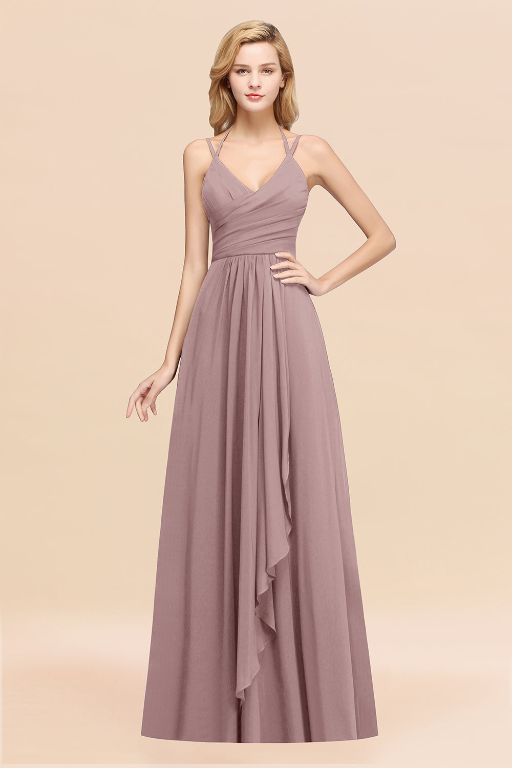 A-line Chiffon Spaghetti Straps Sleeveless Ruffles Floor Length Bridesmaid Dresses
