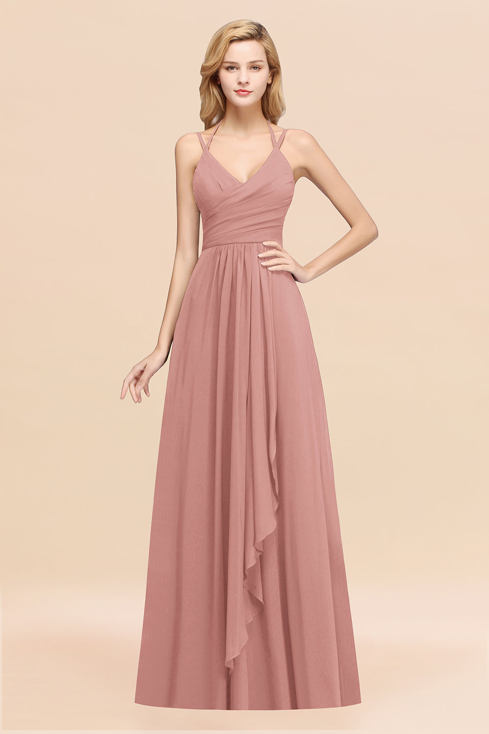 A-line Chiffon Spaghetti Straps Sleeveless Ruffles Floor Length Bridesmaid Dresses