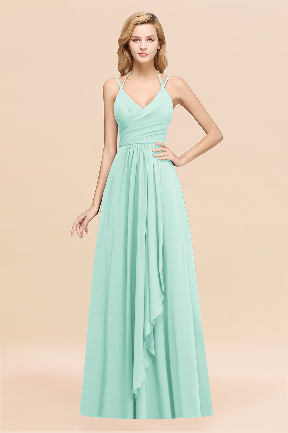 A-line Chiffon Spaghetti Straps Sleeveless Ruffles Floor Length Bridesmaid Dresses