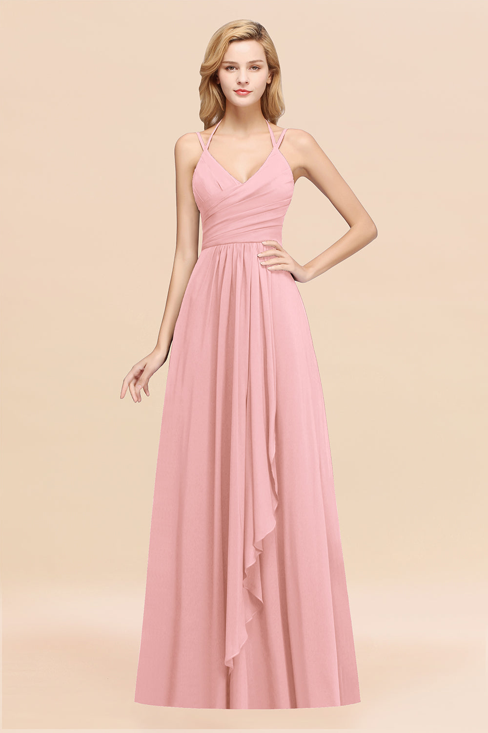 A-line Chiffon Spaghetti Straps Sleeveless Ruffles Floor Length Bridesmaid Dresses