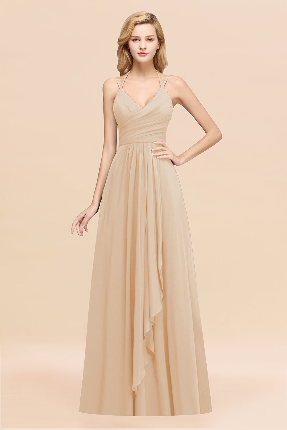 A-line Chiffon Spaghetti Straps Sleeveless Ruffles Floor Length Bridesmaid Dresses