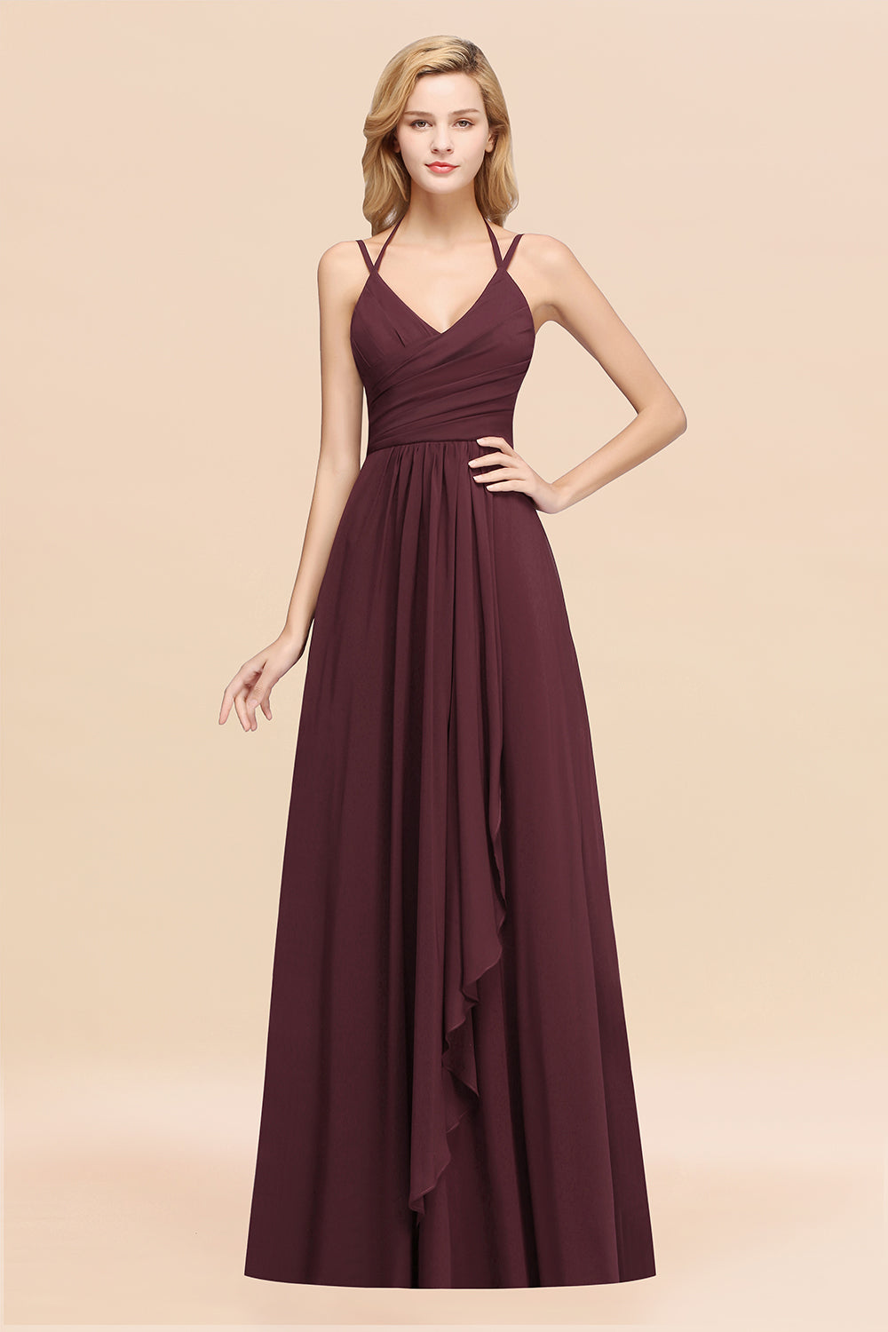 A-line Chiffon Spaghetti Straps Sleeveless Ruffles Floor Length Bridesmaid Dresses