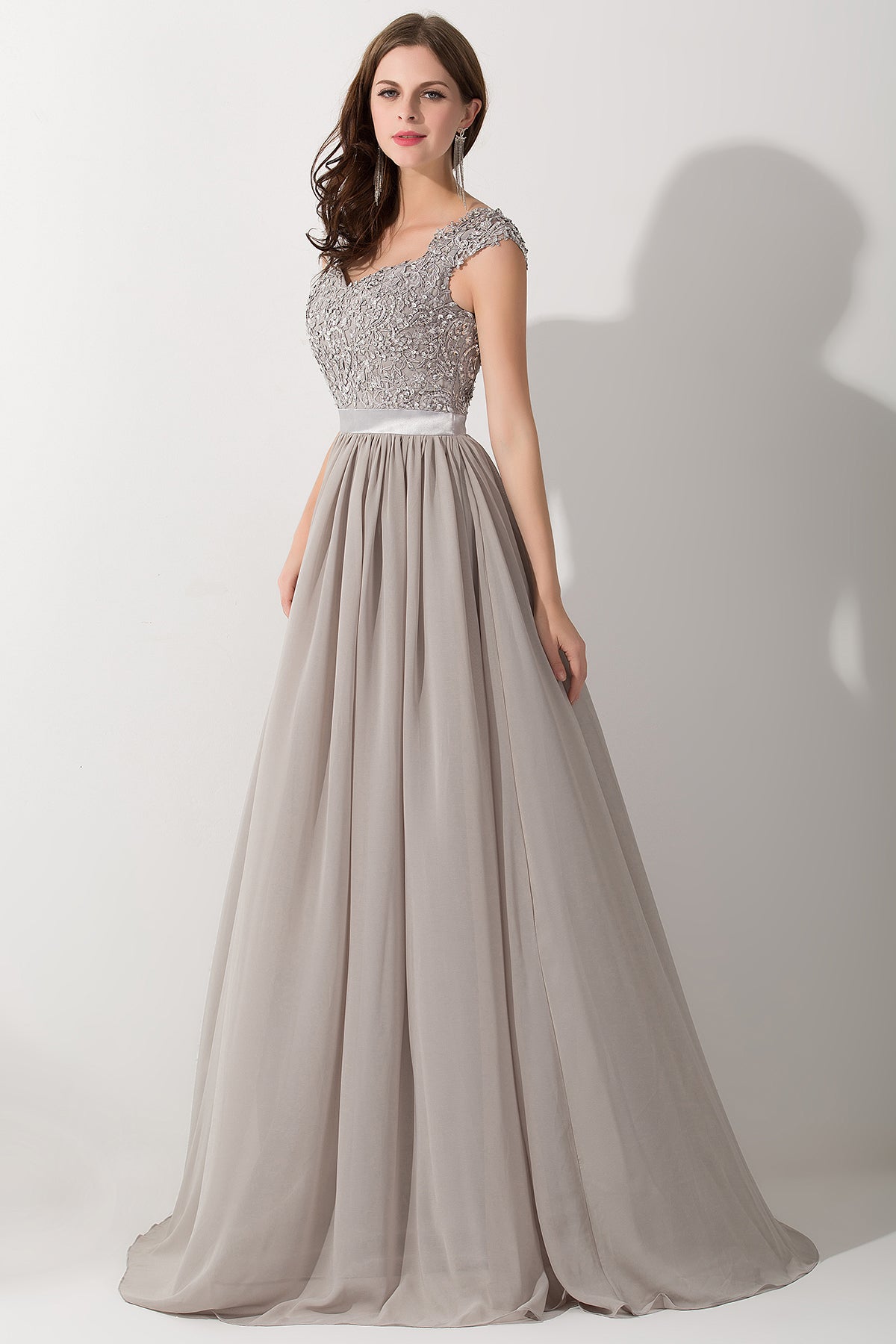 A-line Chiffon V-Neck Sleeveless Ruffles Floor Length Bridesmaid Dress with Appliques
