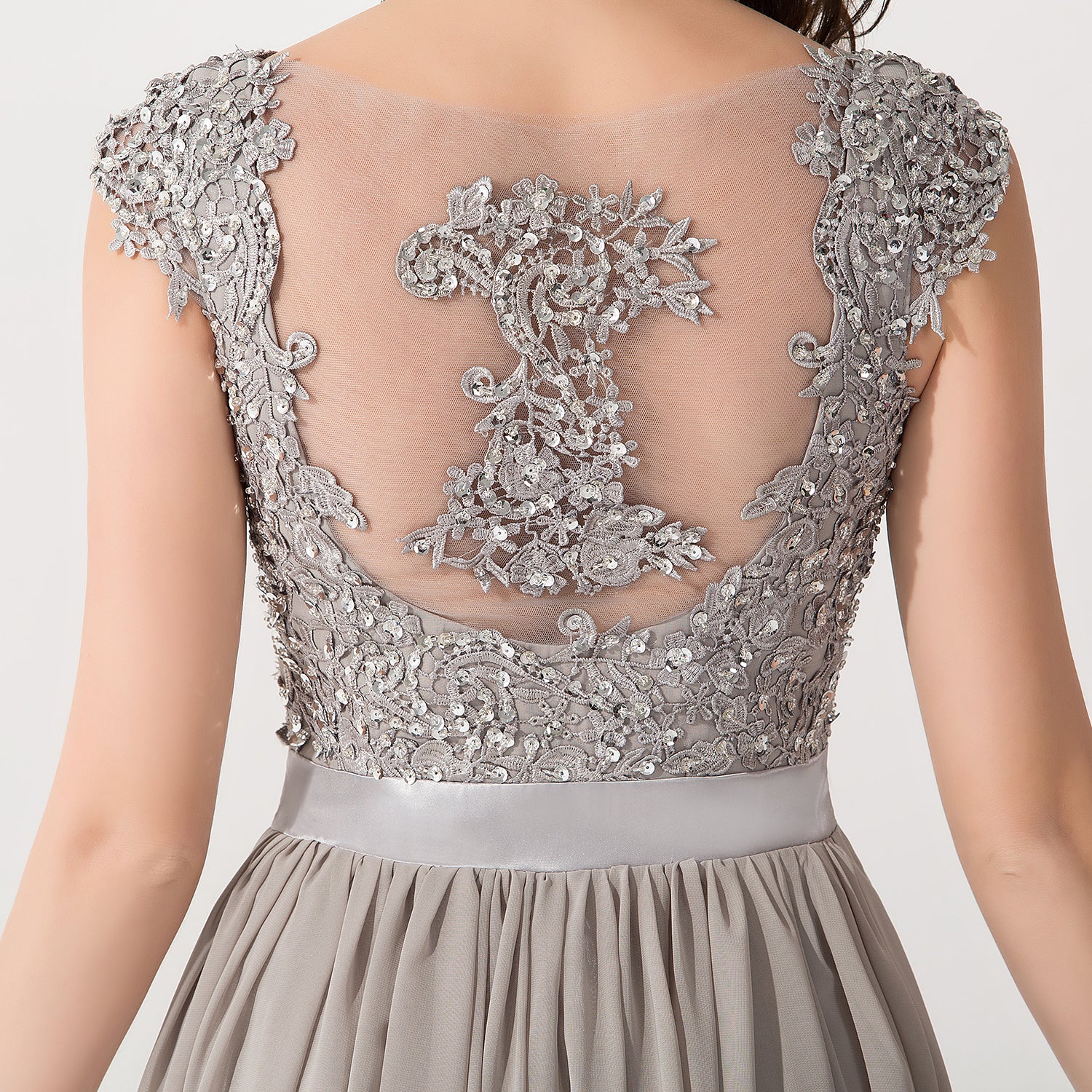 A-line Chiffon V-Neck Sleeveless Ruffles Floor Length Bridesmaid Dress with Appliques