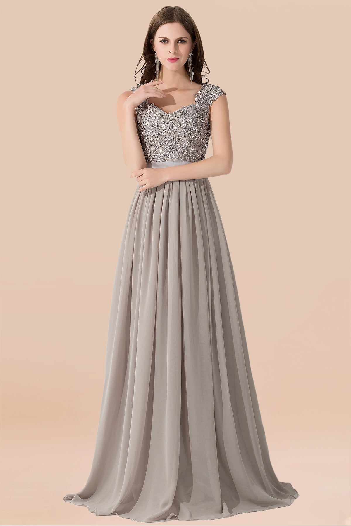 A-line Chiffon V-Neck Sleeveless Ruffles Floor Length Bridesmaid Dress with Appliques
