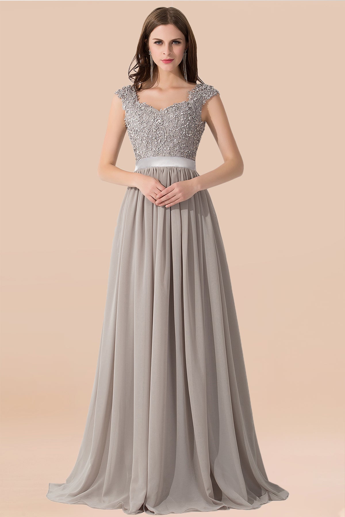 A-line Chiffon V-Neck Sleeveless Ruffles Floor Length Bridesmaid Dress with Appliques