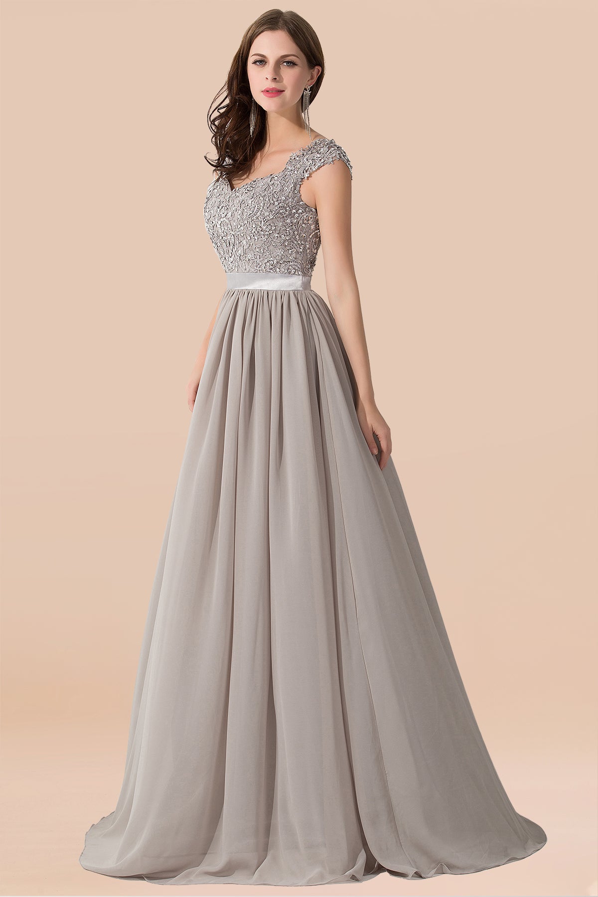 A-line Chiffon V-Neck Sleeveless Ruffles Floor Length Bridesmaid Dress with Appliques