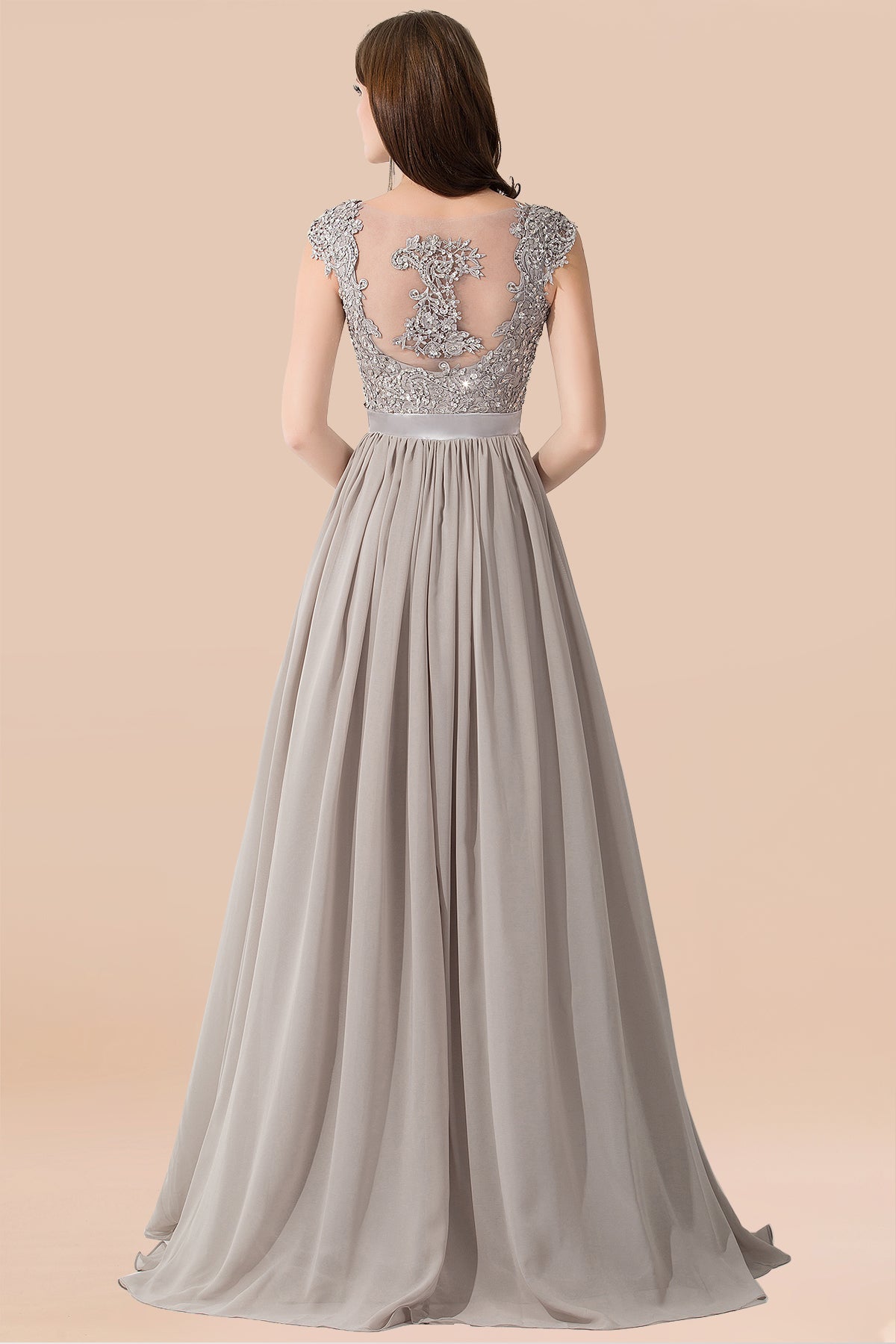 A-line Chiffon V-Neck Sleeveless Ruffles Floor Length Bridesmaid Dress with Appliques
