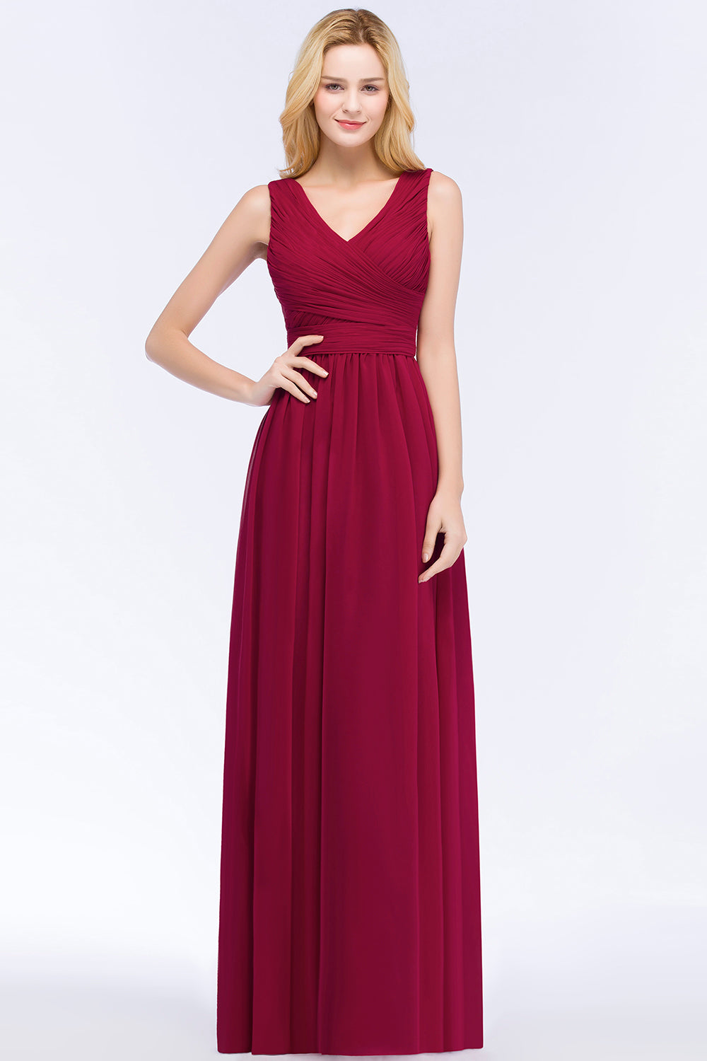 A-line Chiffon V-Neck Sleeveless Ruffles Floor Length Bridesmaid Dress