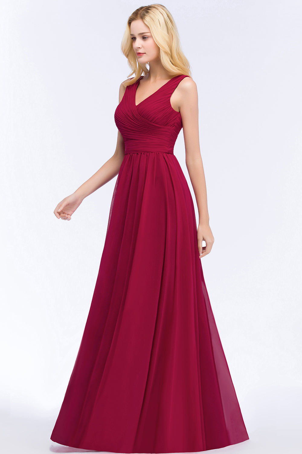 A-line Chiffon V-Neck Sleeveless Ruffles Floor Length Bridesmaid Dress