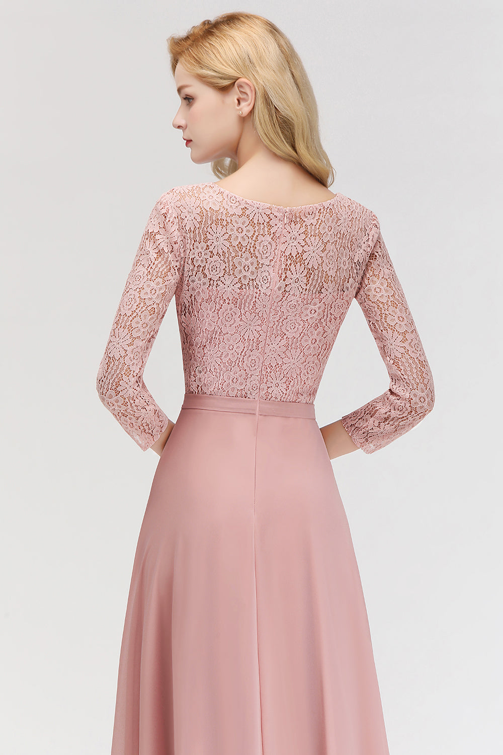 A-line Floor Length Lace Chiffon Bridesmaid Dresses with Sleeves