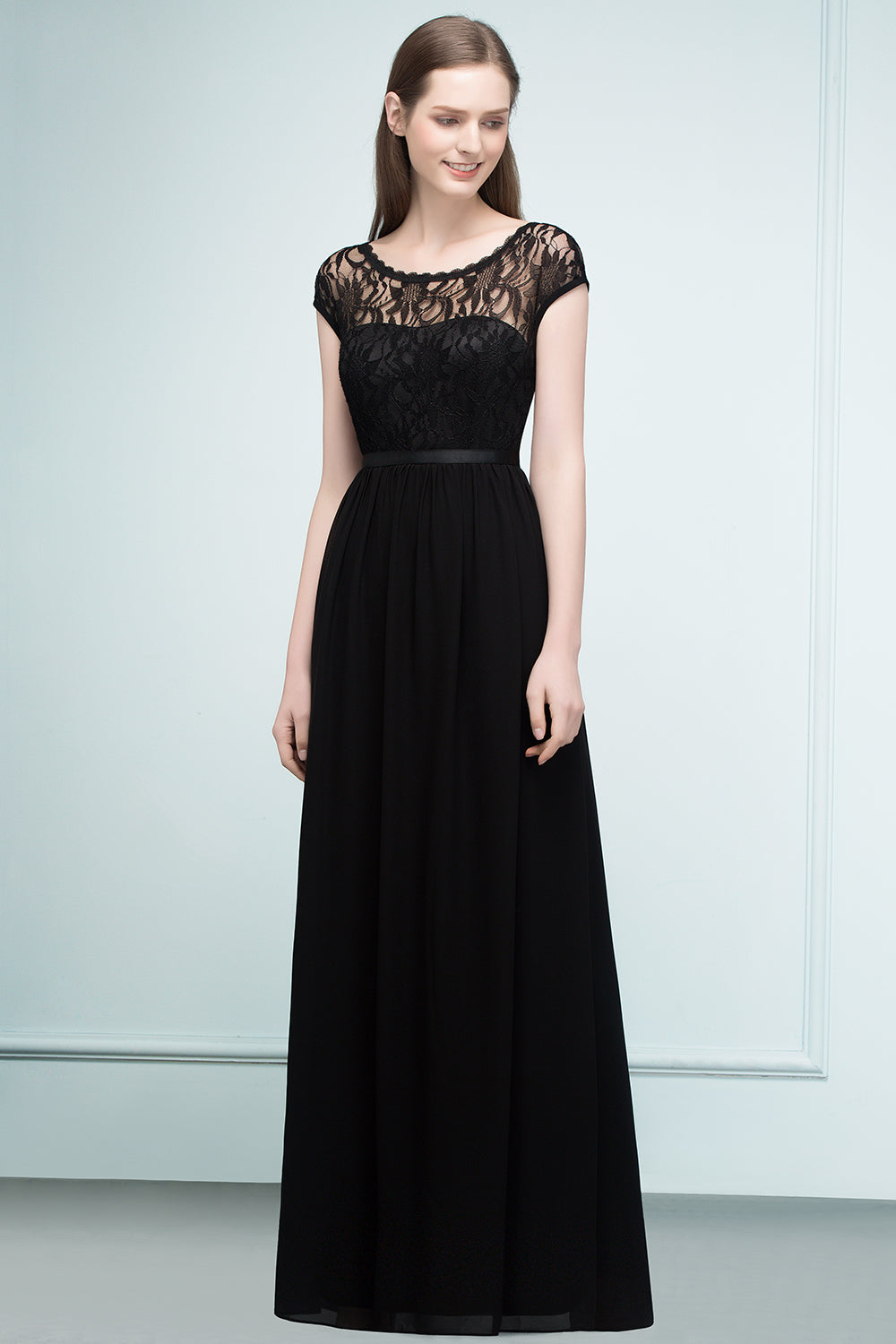A-line Floor Length Short Sleeves Lace Bridesmaid Dresses with Sash