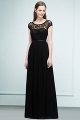 A-line Floor Length Short Sleeves Lace Bridesmaid Dresses with Sash
