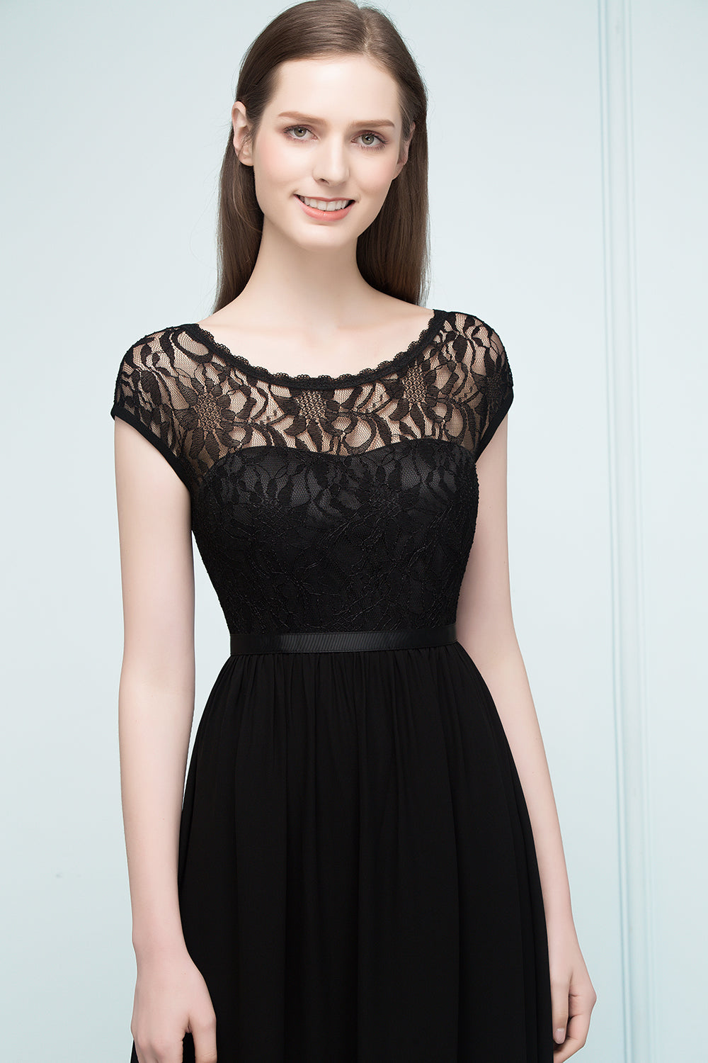 A-line Floor Length Short Sleeves Lace Bridesmaid Dresses with Sash