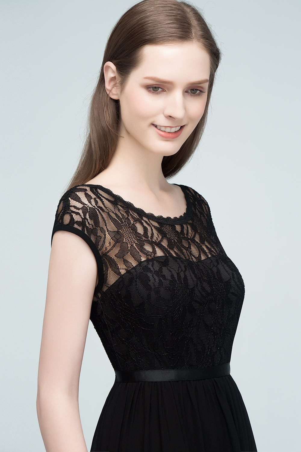 A-line Floor Length Short Sleeves Lace Bridesmaid Dresses with Sash