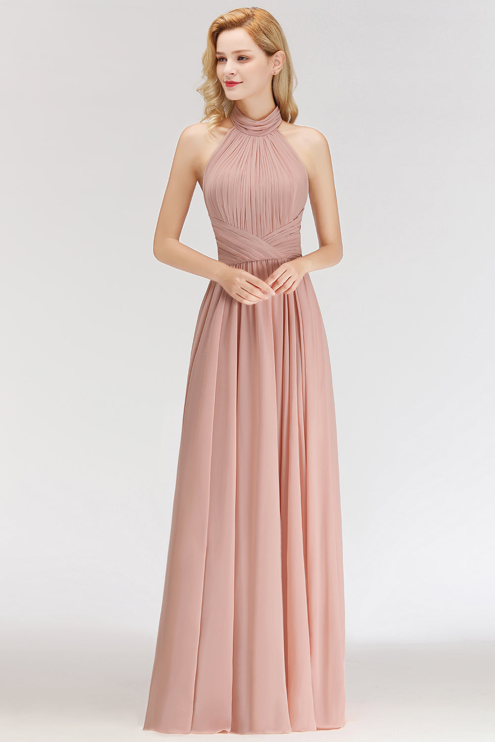 Long A-line Halter Ruffled Chiffon Floor Length Bridesmaid Dress