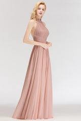 Long A-line Halter Ruffled Chiffon Floor Length Bridesmaid Dress