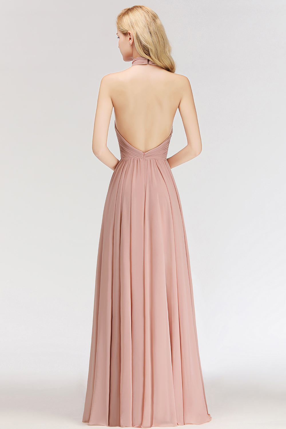 Long A-line Halter Ruffled Chiffon Floor Length Bridesmaid Dress