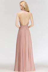 Long A-line Halter Ruffled Chiffon Floor Length Bridesmaid Dress