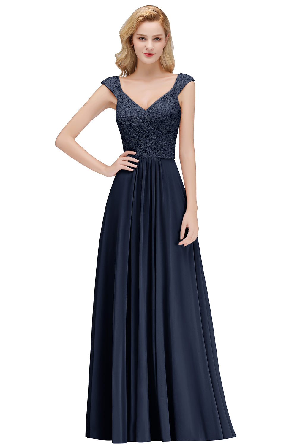 A-line Long V-neck Sleeveless Lace Chiffon Bridesmaid Dresses