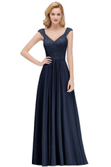 A-line Long V-neck Sleeveless Lace Chiffon Bridesmaid Dresses