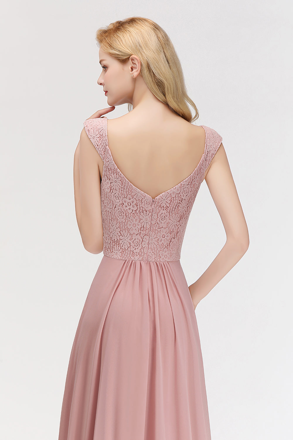 A-line Long V-neck Sleeveless Lace Chiffon Bridesmaid Dresses