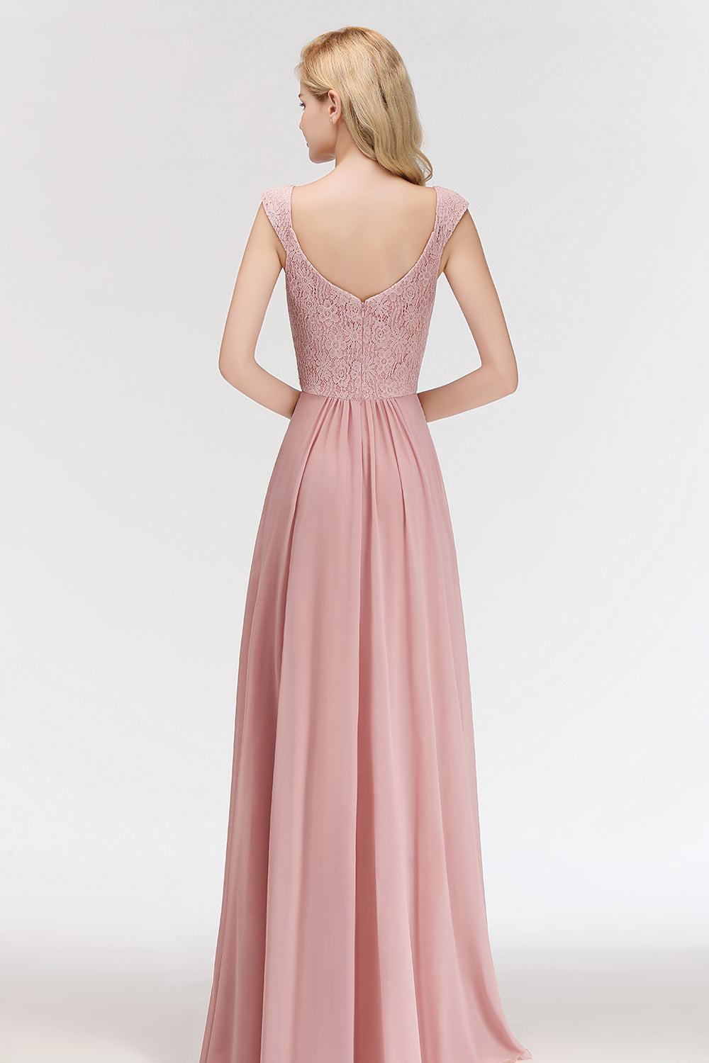 A-line Long V-neck Sleeveless Lace Chiffon Bridesmaid Dresses