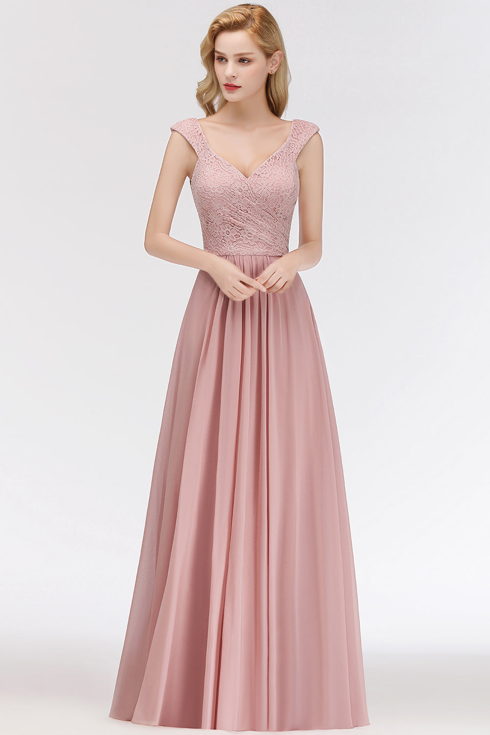 A-line Long V-neck Sleeveless Lace Chiffon Bridesmaid Dresses