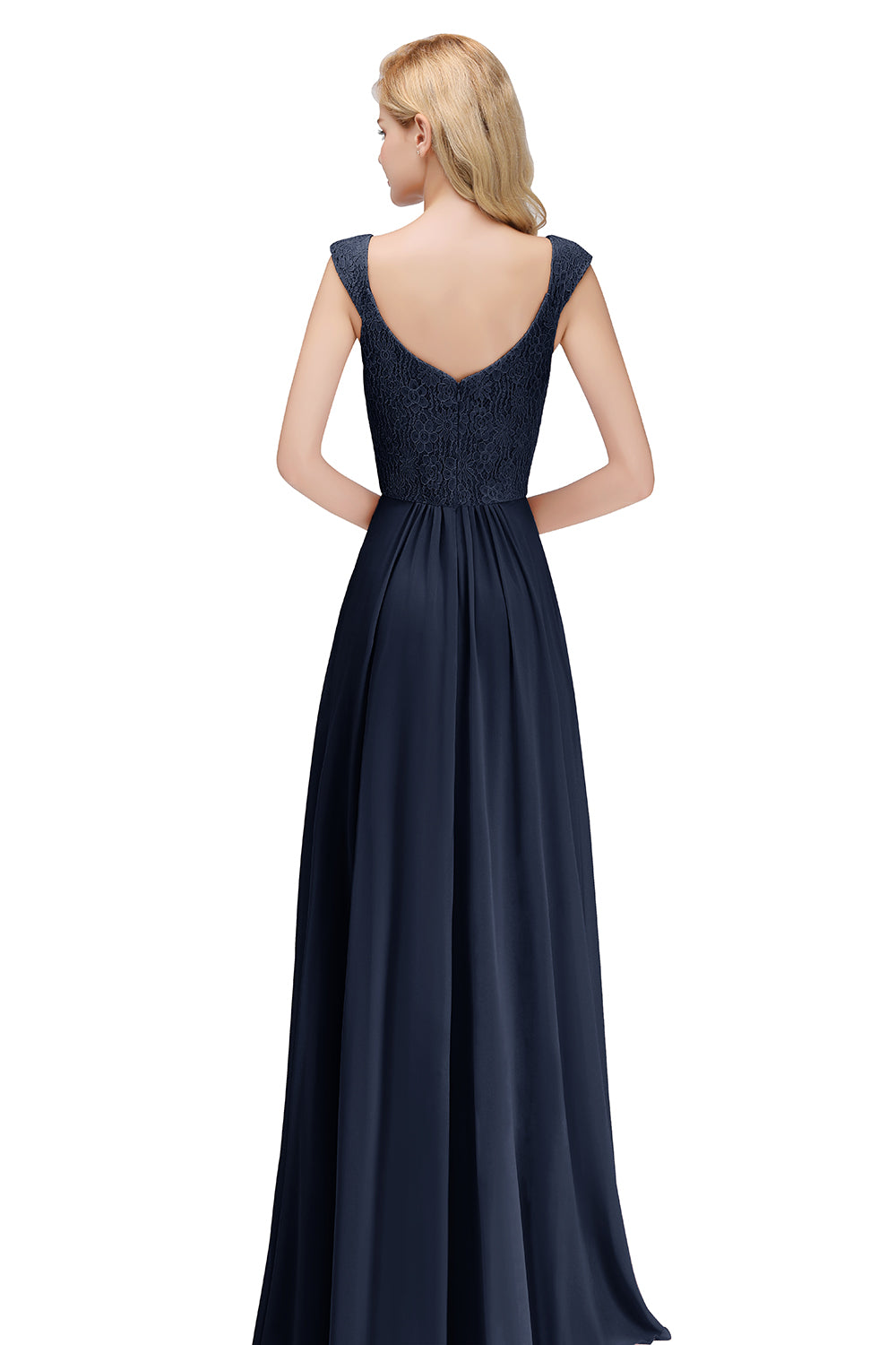 A-line Long V-neck Sleeveless Lace Chiffon Bridesmaid Dresses