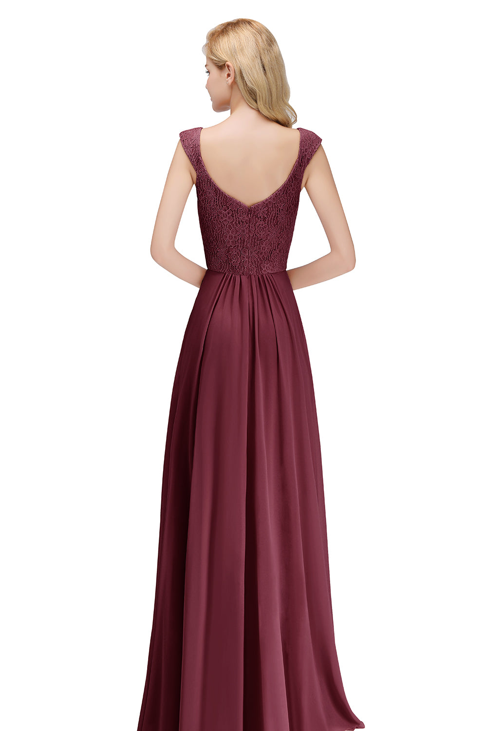 A-line Long V-neck Sleeveless Lace Chiffon Bridesmaid Dresses