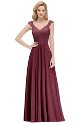 A-line Long V-neck Sleeveless Lace Chiffon Bridesmaid Dresses
