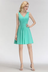 A-line Ruffles Sexy V-Neck Sleeveless Short Bridesmaid Dress