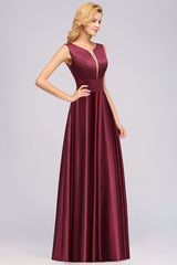A-line Satin Deep-V-Neck Sleeveless Ruffles Floor Length Bridesmaid Dress