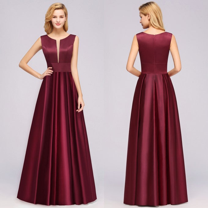 A-line Satin Deep-V-Neck Sleeveless Ruffles Floor Length Bridesmaid Dress