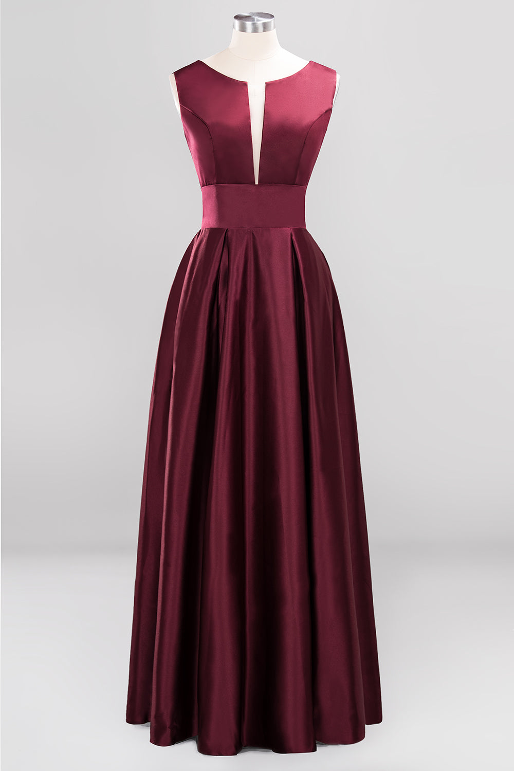 A-line Satin Deep-V-Neck Sleeveless Ruffles Floor Length Bridesmaid Dress