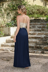 A-line Scoop Dark Navy Chiffon Evening Dresses with Appliques