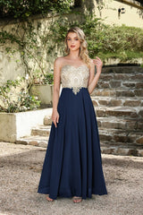 A-line Scoop Dark Navy Chiffon Evening Dresses with Appliques