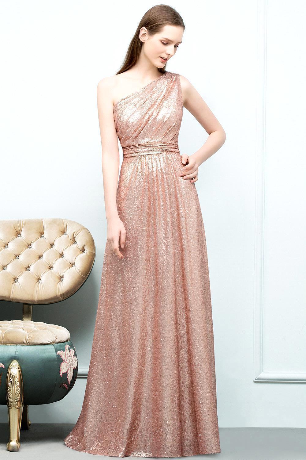 A-line Sequined One Shoulder Sleeveless Floor Length Bridesmaid Dresses