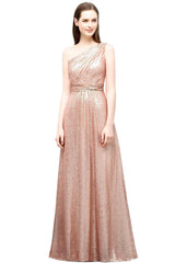 A-line Sequined One Shoulder Sleeveless Floor Length Bridesmaid Dresses