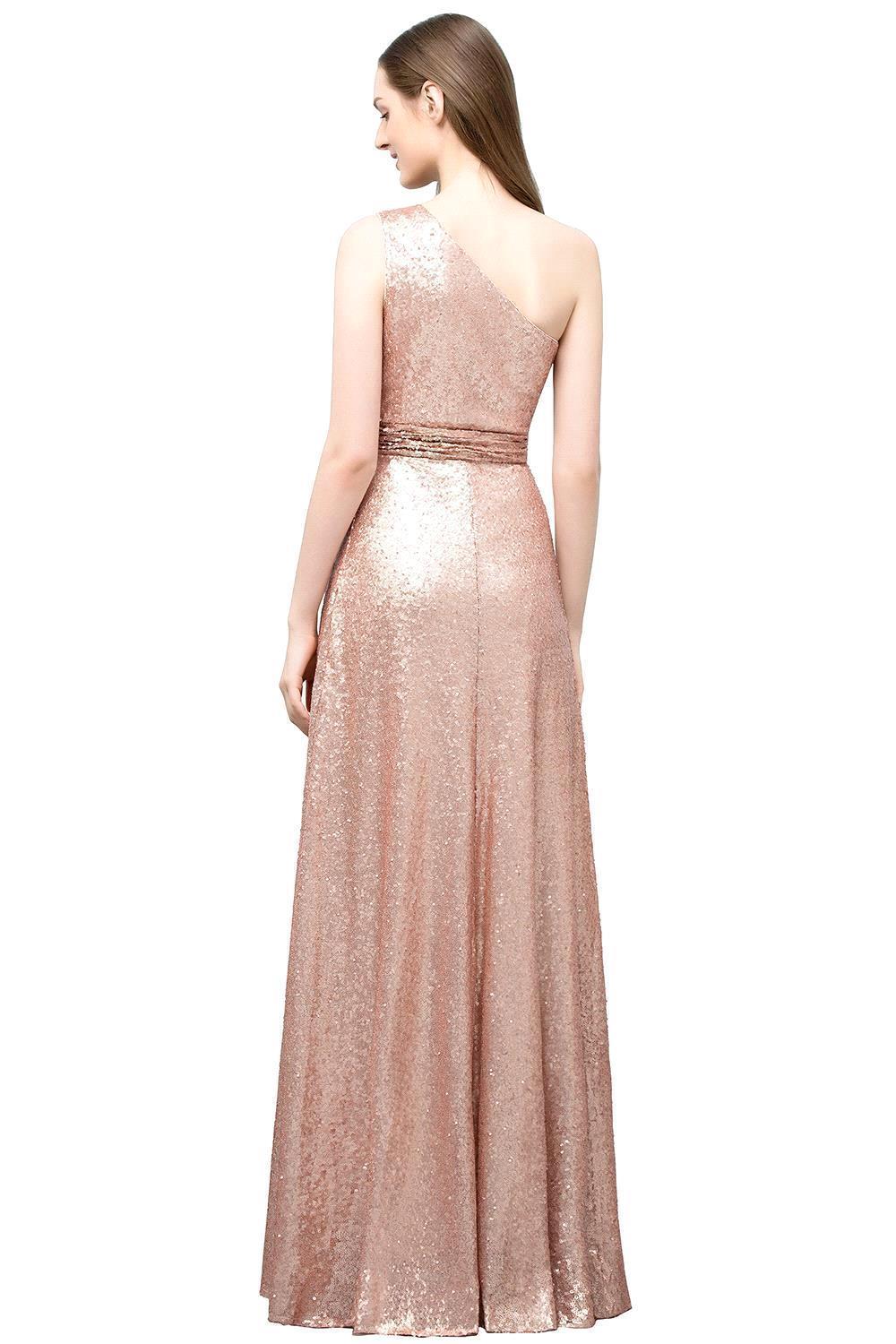 A-line Sequined One Shoulder Sleeveless Floor Length Bridesmaid Dresses