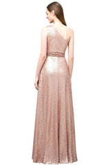 A-line Sequined One Shoulder Sleeveless Floor Length Bridesmaid Dresses
