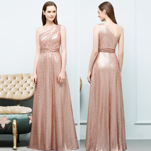 A-line Sequined One Shoulder Sleeveless Floor Length Bridesmaid Dresses
