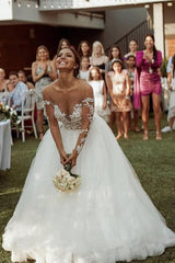 Elegant Long A-line Tulle Lace Wedding Dresses with Sleeves